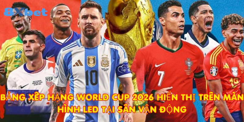 Bảng xếp hạng World Cup 2026 hiển thị trên màn hình LED tại sân vận động